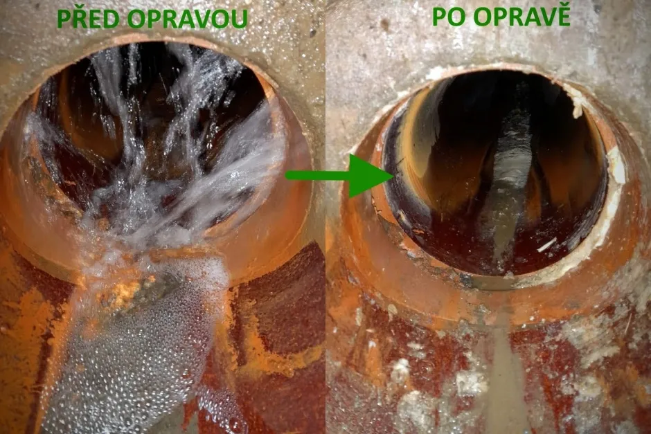 Potrubí s průsakem před opravou a utěsněné po opravě